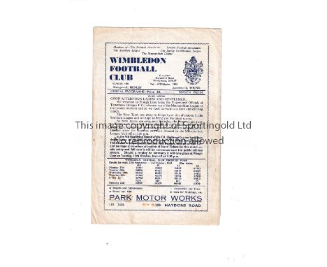 TOTTENHAM HOTSPUR    Programme for the away Met. League match v. Wimbledon 9/10/1965, team changes and scores entered.    Gen