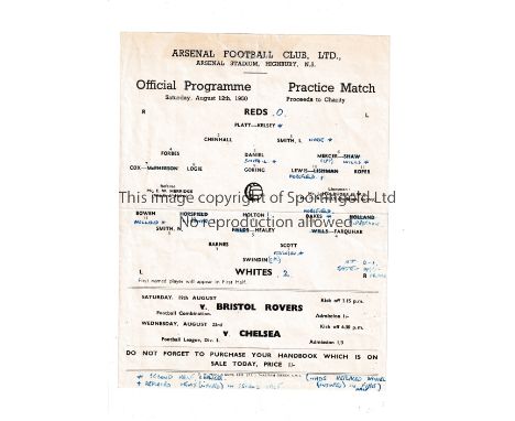 ARSENAL    Single sheet programme for the Public Practice match 12/8/1950 minor repair at the top, slightly creased, team cha