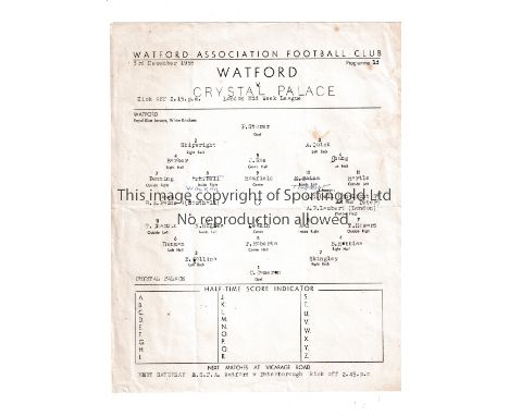 WATFORD / CRYSTAL PALACE     Single typed sheet home programme v Crystal Palace London Midweek League at Vicarage Road 3/12/1