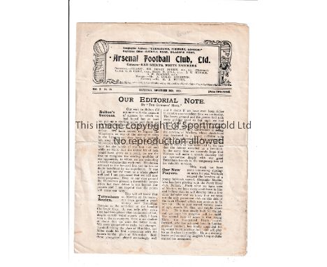 ARSENAL    Home programme v. Bolton Wanderers 26/11/1921 which was abandoned after 38 minutes due to fog. Horizontal crease, 