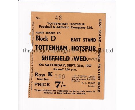 TOTTENHAM HOTSPUR V SHEFFIELD WEDNESDAY 1957    Seat ticket for the League match at Tottenham 21/9/1957 with tiny paper loss 