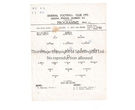 ARSENAL V WEST HAM UNITED 1960      Single sheet programme for the South East Counties League Cup Final at Arsenal 30/4/1960 