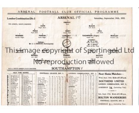 ARSENAL     Home programme for the London Combination match v Southampton 10/9/1932.    Generally good