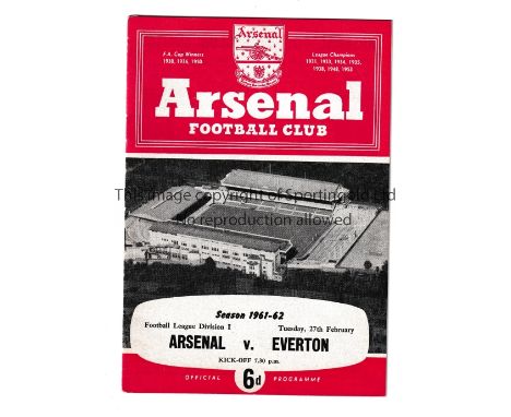 ARSENAL V EVERTON 1962 POSTPONED      Programme for the scheduled match on 27/2/1962. Page 13/14 was originally missing but h