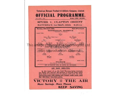TOTTENHAM HOTSPUR       Single sheet home programme v Fulham 26/4/1943.   Good