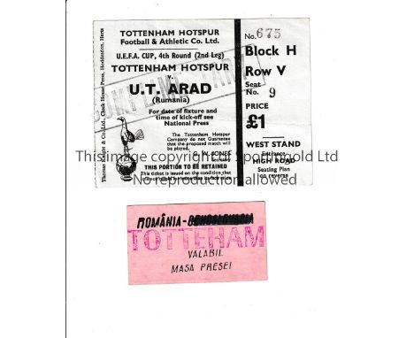 TOTTENHAM HOTSPUR      Tickets for home away matches v. U.T. Arad of Romania in the UEFA Cup 1971/2. The home ticket is a Wes