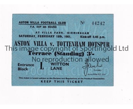 TOTTENHAM HOTSPUR     Ticket for the away FA Cup tie in Spurs Double season 1960/1 v Aston Villa.   Good