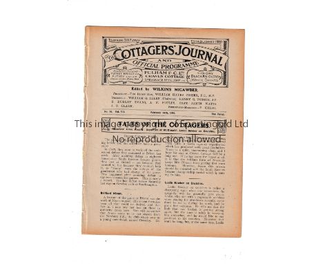 ARSENAL    Away 8 page programme v Fulham 14/2/1914, ex-binder.    Generally good