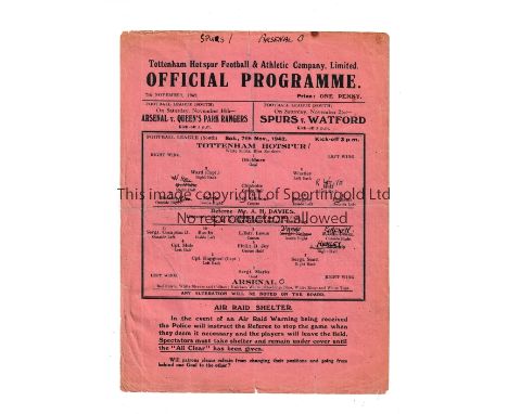 TOTTENHAM HOTSPUR       Single sheet home programme v Arsenal 7/11/1942, slightly creased score and team written at the top, 