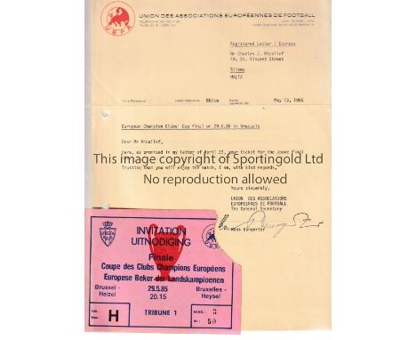 1985 EUROPEAN CUP FINAL      Juventus v Liverpool played 29/5/1985 at Heysel Stadium, Brussels. VIP Invitation ticket issued 