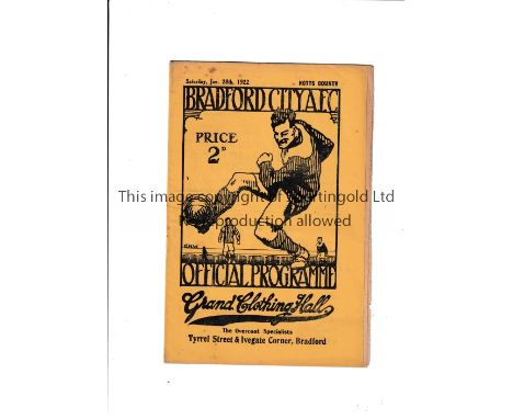 BRADFORD CITY       Home programme v Notts County FA Cup 2nd Round 28/1/1922. Score in pencil. Very light foxing.   Generally