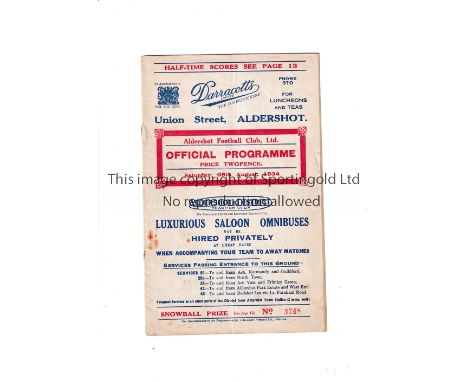 ALDERSHOT     Home programme v Crystal Palace 25/8/1934. Some foxing. Light vertical fold. No writing.    Generally good