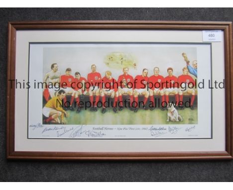 ENGLAND WORLD CUP 1966 / AUTOGRAPHS       A 29" X 18" framed and glazed print on the England team in the dressing room after 