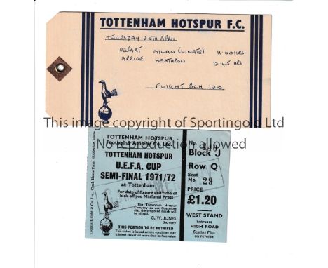 TOTTENHAM HOTSPUR      Ticket for the UEFA Cup Semi-Final home tie v. AC Milan 1971/2 and an official Tottenham baggage label