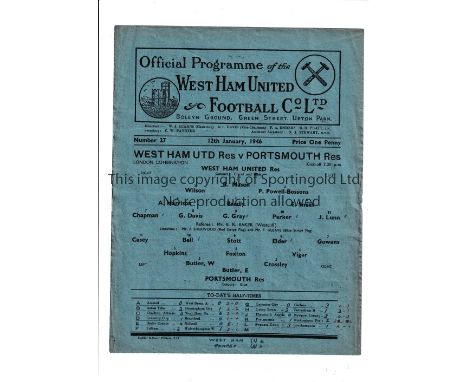 WEST HAM       Single sheet Reserves home programme v Portsmouth Reserves 12/1/1946. Very light horizontal fold. Score / scor