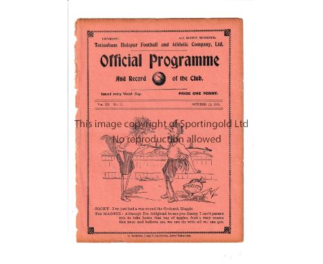 TOTTENHAM     Home programme v Manchester United 22/10/1910. Small tear restored. Scorer and attendance inserted. Frayed edge