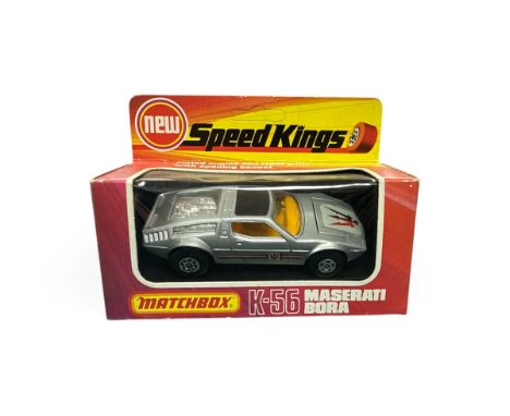 Matchbox Super Kings Maserati Bora No. K-56, silver with tan interior and black steering wheel, Maserati trident paper sticke