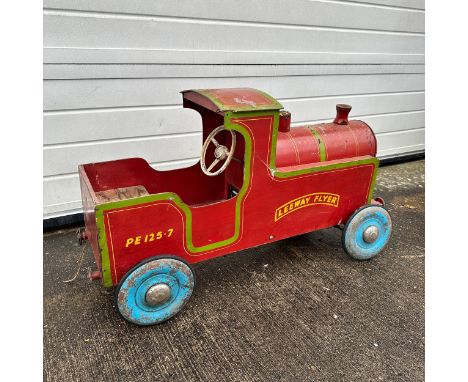 Leeway Flyer pedal train, wood and metal, painted red with green and gold detailing, Leeway Flyer and PE125-7 to both sides, 