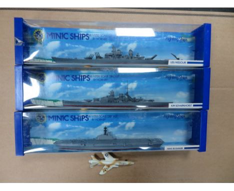 Triang Minic by Hornby 1/1200 scale diecast ships, with USS Missouri No. M743, HMS Bullwark No. M751 and KM Scharnhorst No. M