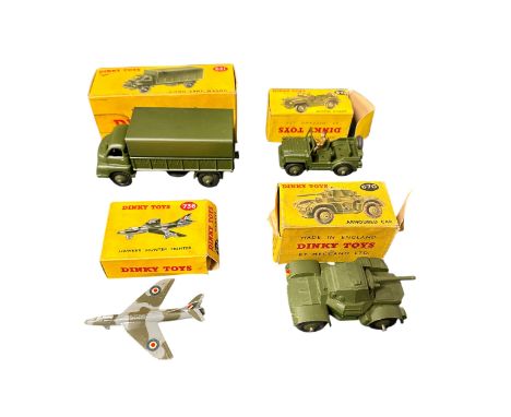 Dinky military collection, with 3-Ton Army Wagon No. 621, Armoured Car No. 670, Austin Champ No. 674 and Hawker Hunter fighte