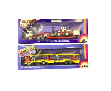 Siku 1/55th scale pair of trucks, with MAN Lorry with Trailer and Bulldozer No. 3716 and Mercedes-Benz Car Transporter No. 34