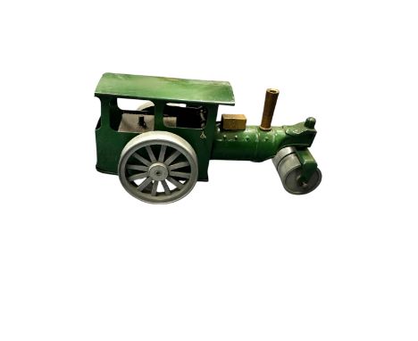 Triang Minic Steam Roller dark green and grey plastic and clockwork with key (working when tested), generally excellent to go