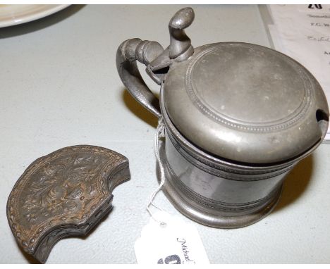 A 19thC shield shaped pewter snuff box and a mustard pot (2)
