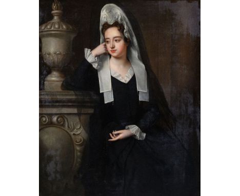 Circle of Sir Godfrey Kneller (British 1646 - 1723) Portrait of lady standing beside a funerary monument. Oil on canvas121.5 