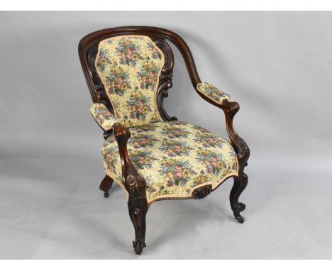 A Late Victorian Mahogany Framed and Tapestry Armchair on  Scrolled Castor Supports 