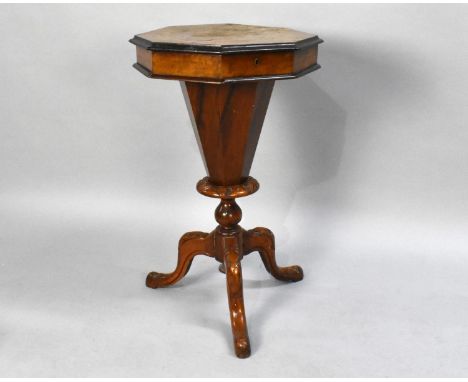 A Late Victorian Walnut Octagonal Topped Ladies Work Table with Hinged Lid to Fitted Interior to include Wool Well on Tripod 