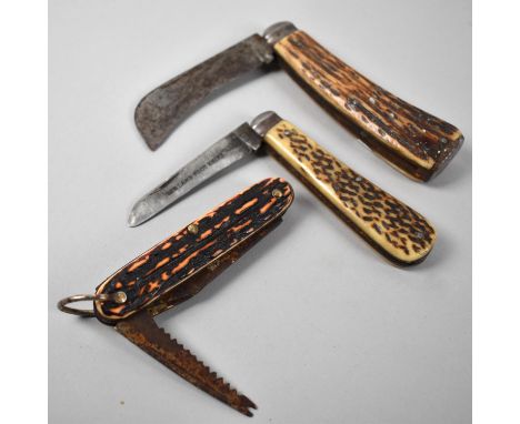 A Collection of Three Vintage Pruning and Pocket Knives with Bone Scales, the Pocket Knife by John Brookes, Sheffield, A Smal