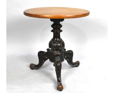 A Late Victorian Circular Topped Table Formed From Carved Mahogany Tripod Piano Stool Base and Later Mahogany Top, 45.5cms Di