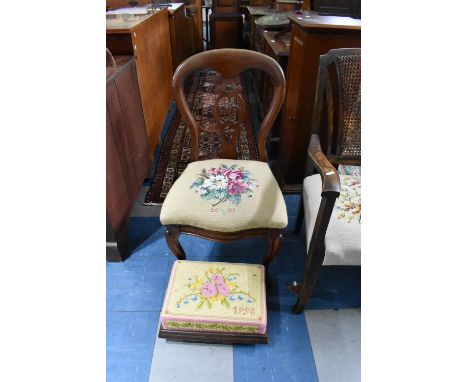 A Victorian Mahogany Framed Balloon Back Chair with Tapestry Seat with Pierced Splat Together with a Tapestry Stool/Kneeler 