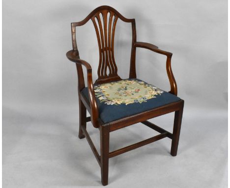 A Late 19th Century Mahogany Framed and Tapestry Seated Armchair with Shield Back and Pierced Splat on Straight Supports 