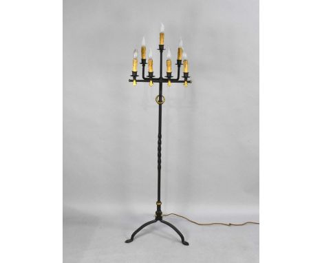 A Mid 20th century Wrought Iron Standard Lamp with Seven Candle Bowls, Tripod Base 