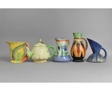 A Collection of Art Deco China to Comprise Mottled Glazed Jug, Myott Hand Painted Jugs, Burleigh Ware Fern Handled Jug and a 