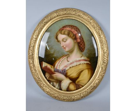 A Large 19th Century Reverse Painted Oval Portrait Under Glass of Maiden Reading Book, Ornately Moulded Frame, 58x50cms 