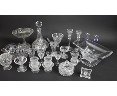 A Collection of Moulded and Good Quality Cut Glassware to Comprise Decanter, Lidded Pots, Large Heavy Glass Centerpiece of Re