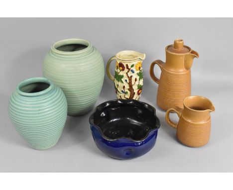 A Collection of Glazed Ceramics to Comprise Two Green Glazed Graduated Ribbed Vases (Tallest 25cm High), Watcombe Pottery Bow