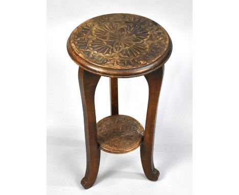 A Mid 20th Century Circular Stand or Occasional Table with Carved Top and Stretcher Shelf, 28cm Diameter and 52cm High 