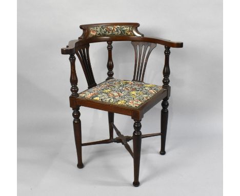 An Inlaid Edwardian Mahogany Corner Chair with tapestry Seat and Back Rail 