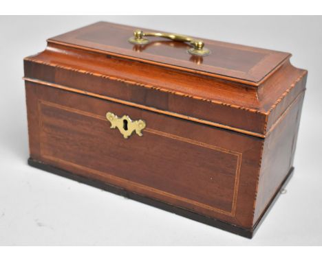 A 19th Century Inlaid Mahogany Tea Caddy of Sarcophagus Form with Brass Escutcheons and Carrying Handle, Hinged Lid to Interi