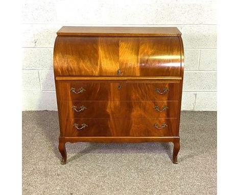 A Victorian style roll top bureau with three long drawers, 98cm high. 90cm wide; together with a rectangular vintage wall mir