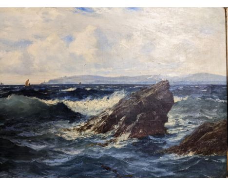 British School - seascape with sail boat off the coast, and rocks to the foreground, signed indistinctly to lower left, 46cm 