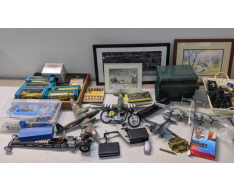 A mixed lot to include tools, Revell model of a car, framed pictures, walking stick and other itemsLocation: 