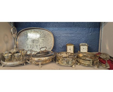 Mixed silver plated items to include a tray, ladle and others along with quartz carriage clocksLocation: 8:3 