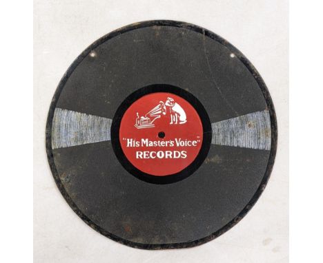 A late 20th century 'His Masters Voice' double sided enamel advertising sign, 36cm diaLocation: 