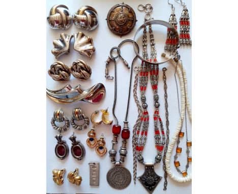 A quantity of late 20th Century and later costume jewellery, mainly silver to include a Greek silver and amber necklace desig