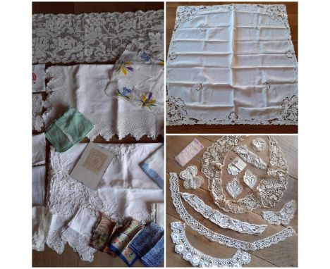 Mixed 19th and 20th Century lace and table linen to include cream Honiton lace collars, a sample of cream Maltese bobbin lace