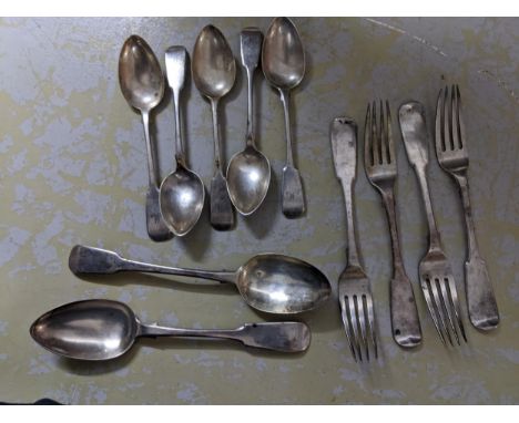 A group of Georgian and Victorian Scottish and English silver fiddle pattern tablespoons and forks to include two larger spoo